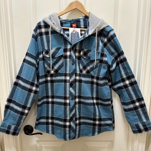 Quiksilver Men's Hooded Buttoned Flannel Shirt Size M Blue Plaid Y2K Grunge NEW - Picture 6 of 13